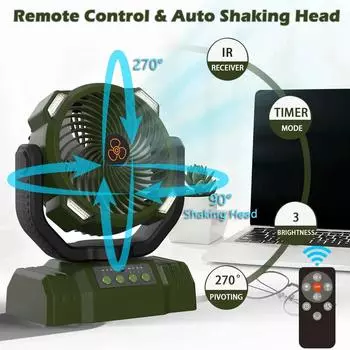 USB-перезаряжаемый вентилятор для кемпинга, беспроводной настольный вентилятор с дистанционным управлением, портативный воздушный циркулятор, качающаяся головка, крючок для кемпинга, вентилятор, светильник Army Green