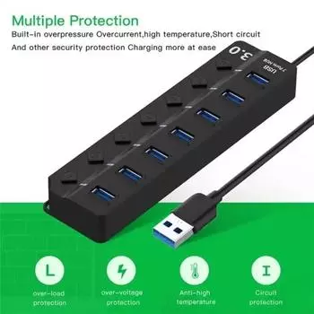 USB Port Hub 7 Ports USB Hub for PC, USB Splitter Extender with Individual On/Off Switches Compatible for MacBook чёрный