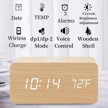USB Powered Wooden Digital Alarm Clock with Wireless Charging TEMP Date Night Mode Desktop Clock 12/24H Voice Control LED Clock