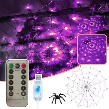 USB-пульт дистанционного управления 70 светодиодов «Паук» и «Паутина» Свет для украшения Хэллоуина Свет атмосферы ужасов (С пауком) One Size фиолетовый