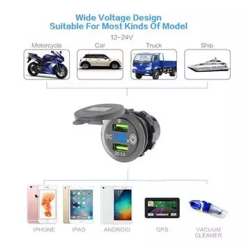 USB-разъем для автомобильного зарядного устройства, двойной порт QC3.0, быстрая зарядка, 12 В, 24 В, автомобильный адаптер со светодиодным цифровым сенсорным переключателем вольтметра для морской лодки красный