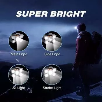 USB Rechargeable 5LED Headlamp High Power Head Flashlight 18650 Built-in battery Headlight LED Head Torch For Camping Fishing