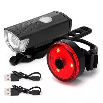 USB Rechargeable Bike LED Taillight Headlight Sets Waterproof Bicycle Front Lights Rear Lamp Night Ridding Safety Warning Cyclin чёрный