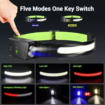 USB Rechargeable COB Sensor Headlamp With Blue Yellow Light Head Lamp Built-in Battery Outdoor Camping Fishing Head Flashlight