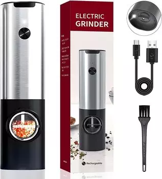USB Rechargeable Electric Salt And Pepper Grinder Set Base Charging Stainless Steel Automatic Pepper Mill Salt Spice Grinder светло-серый
