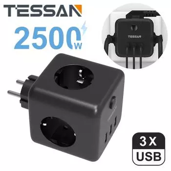 USB-розетка европейского стандарта с 1/3 розетками переменного тока, 2/3 USB-портами для зарядки и переключателем включения/выключения 3 Outlet & 3 USB Ports серый
