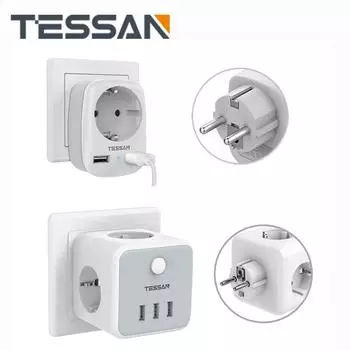 USB-розетка TESSAN с вилкой европейского стандарта, 1/3 розеток переменного тока, 2/3 USB-портов для зарядки и переключателем включения/выключения, дорожный адаптер для настенного зарядного устройства ЕС 1 Outlet & 2 USB Ports серый