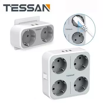 USB-розетки TESSAN Europe, удлинитель с 2/3 USB-портами, 2/4 розетки переменного тока, адаптер для настенной розетки для смартфона, ноутбука, камеры 4 Outlets & 3 USB Ports серый