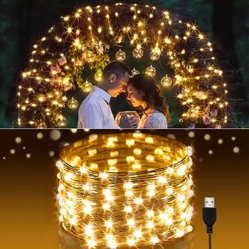 USB светодиодная гирлянда гирлянда гирлянда рождественская лампа для рождественской вечеринки свадебное украшение 5 м/10 м USB светодиодная медная проволока волшебная гирлянда 5M белый