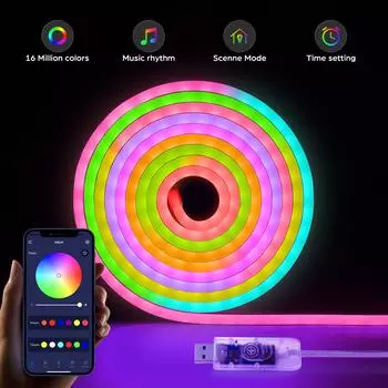 USB светодиодные неоновые ленты водонепроницаемые WS2812 RGBIC неоновые гирлянды с управлением через Bluetooth APP гибкая лента с эффектом погони 1M