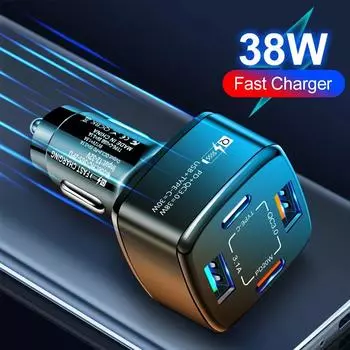 USB Type-C PD 38W Car Charger LED Display 4 Ports Quick Charge 3.0 Fast Charging Phone Adapter For iPhone 15 14 Samsung Xiaomi чёрный