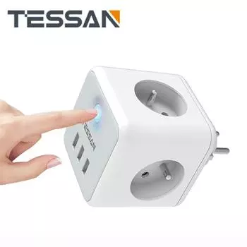 USB-удлинитель TESSAN, настенный удлинитель, 3 французские розетки 2500 Вт и 3 USB-порта, настенный удлинитель 6 в 1 с выключателем для дома 3 Outlets & 3 USB Ports серый