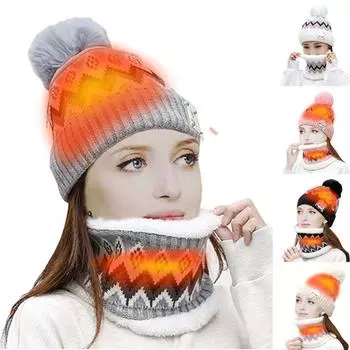 USB умная зарядка для шеи, зимняя женская плюс бархатная теплая шапка с подогревом, комплект шарфов One Size чёрный