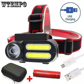 USB Зарядка COB Фары XPE + 2COB18650 Головная лампа LED Открытый кемпинг Рыболовный свет Headlamp+USB+Box