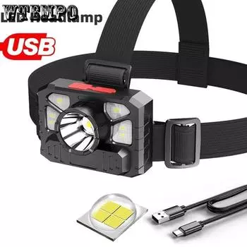 USB-зарядка для кемпинга, мощный фонарь, сверхлегкий портативный налобный фонарь, светодиодный многофункциональный налобный фонарь для ночной рыбалки и ночного бега чёрный