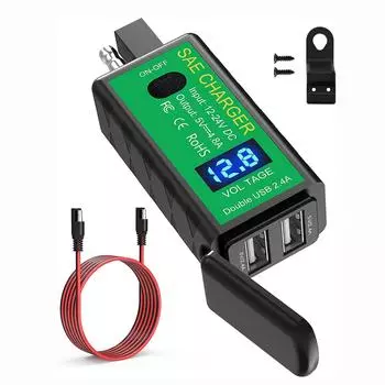 USB-зарядное устройство для мотоцикла, 4,8 А, адаптер SAE-USB с вольтметром и переключателем ВКЛ/ВЫКЛ, 3 варианта установки, водонепроницаемая быстроразъемная вилка для телефона, планшета, GPS 6x3x2cm чёрный/зелёный