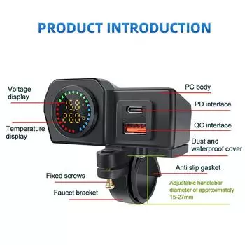 USB-зарядное устройство для мотоцикла с цифровым дисплеем напряжения и температуры - двухпортовое крепление для быстрой зарядки QC/PD на руль 15-27 мм Dual QC3.0