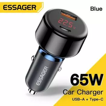USB-зарядное устройство Essager, 65 Вт, автомобильное зарядное устройство, быстрая зарядка, Qc3.0, 4,0, USB-зарядное устройство C для Iphone 14, 13, ноутбука, быстрое зарядное устройство с цифровым дисплеем Blue