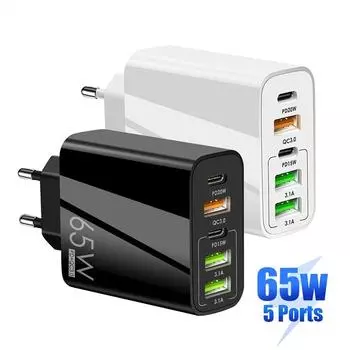 USB-зарядное устройство мощностью 65 Вт, быстрая зарядка QC 3.0 PD 3.0, настенная зарядка, 5-портовый адаптер с вилкой европейского стандарта для путешествий EU Plug белый