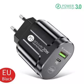 USB-зарядное устройство Quick Charge QC4.0 3.0 для iPhone Xiaomi Oneplus 40 Вт EU/US/UK Plug Fast Phone Adapter Портативное настенное зарядное устройство Type C EU Black