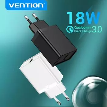 USB-зарядное устройство Vention 18 Вт USB QC 3.0 USB Быстрое зарядное устройство для телефона для Xiaomi Samsung S9 Huawei Fast Wall Charger EU US Adapter EU Plug чёрный