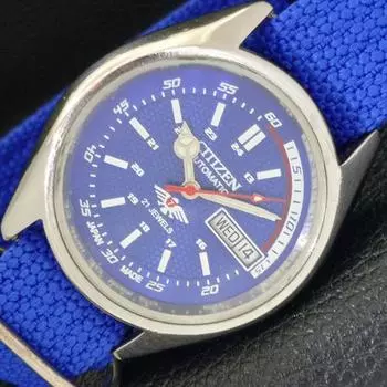 USED AUTOMATIC CITIZEN 8200 JAPAN MENS DAY&DATE BLUE COLOR DIAL WATCH a432588-2 R112-a432588