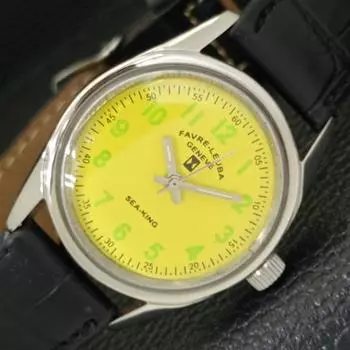 USED HAND-WINDING FAVRE LEUBA SEA KING SWISS MENS YELLOW DIAL WATCH a432549-2 R112-a432549