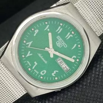 USED VINTAGE SEIKO 5 AUTO 6309A JAPAN MENS D/D ARABIC GREEN WATCH 589-a310815-2 SKU589-a310815