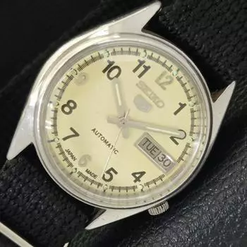 USED VINTAGE SEIKO 5 AUTOMATIC 7019A JAPAN MENS BEIGE COLOR DIAL WATCH a433216-2 R115-a433216