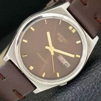 USED VINTAGE SEIKO 5 AUTOMATIC JAPAN MENS DAY/DATE BROWN DIAL WATCH a433233-2 R115-a433233
