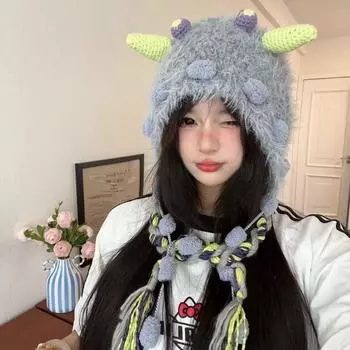 Ушанка из альпака, пуловер, шапка, вязаная шапка с кисточками, симпатичная плюшевая шапка-бини, шапка для улицы серый