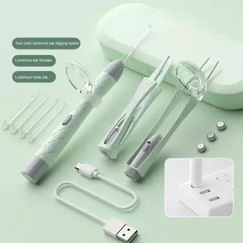 Ушной щипчик со светодиодной подсветкой Перезаряжаемый инструмент для удаления ушной серы с пинцетом Многоразовый очиститель ушей для младенцев Сменная силиконовая ложка Безопасный набор для чистки ушей фиолетовый