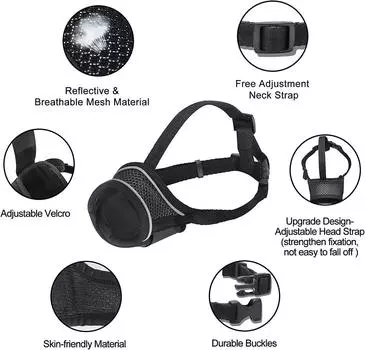 Усиленная воздухопроницаемая сетка и регулируемое кольцо. Повязка на рот для домашних животных. Повязка на рот для собак. Мягкая светоотражающая нейлоновая повязка на рот. XS чёрный