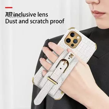 Усиленная защита краев, магнитная присоска, подставка для смартфона, задняя крышка, искусственная кожа, регулируемый браслет, защитный чехол для телефона для iPhone 14/14 For iPhone14 белый