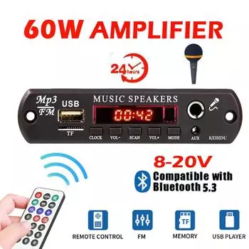 Усилитель 60 Вт, модуль автомобильного радиоприемника Diy, 12 В, Bluetooth 5.3, плата декодера MP3, цифровые часы, разъем для микрофона 6,5 мм, USB, TF, AUX, поддержка караоке