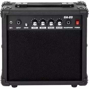 Усилитель для электрогитары, усилитель мощностью 20 Вт со встроенным динамиком 6,5 дюйма, разъемом для наушников и дополнительным входным разъемом. Регуляторы басов, громкости, высоких частот и усиления. EU adapter