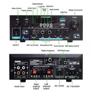 Усилитель Woopker AK55 900 Вт Макс 2.0 Канал Номинальная мощность 70 Вт + 70 Вт Bluetooth Аудио Hifi AMP Караоке Музыкальный Плеер чёрный