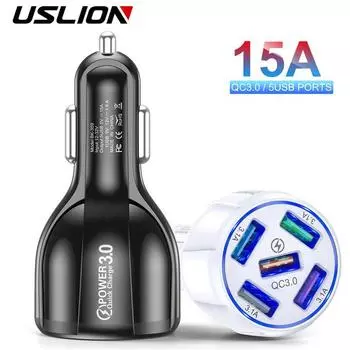 USLION 15A 5 портов USB Автомобильная зарядка Быстрая мини-светодиодная быстрая зарядка для iPhone 12 Xiaomi Huawei Адаптер зарядного устройства для мобильного телефона в автомобиле