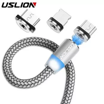 USLION 1M 2A 360 градусов автоматическое подключение телефона для зарядки синий свет круглый штекер магнитный кабель 1M Type-C Plug + Cable чёрный