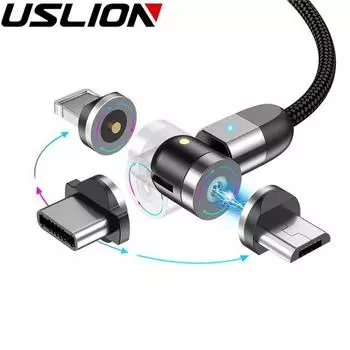 USLION 1M/2M 2.4A Светодиодный магнитный кабель для Micro USB Type C Телефонный кабель Зарядное устройство с магнитной вилкой 2M Type-C чёрный