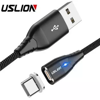 USLION 3A Магнитный кабель USB Type C Кабель Micro USB 1M Быстрая зарядка USB C Магнитное зарядное устройство для телефона Cabo Type-C чёрный