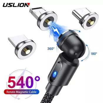 USLION 540 вращающийся магнитный кабель магнитное зарядное устройство для быстрой зарядки Micro USB Type C кабель мобильный телефон провод шнур для iPhone Xiaomi 1M Cable+IOS Plug чёрный