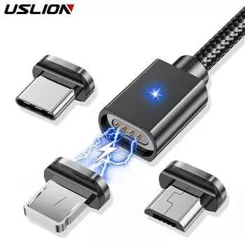 USLION Магнитный кабель для передачи данных Micro USB Type C Телефонный кабель для iPhone11Samsung Xiaomi USB-кабель для быстрой зарядки Магнитный кабель 2M Type-C Plug+ Cable чёрный