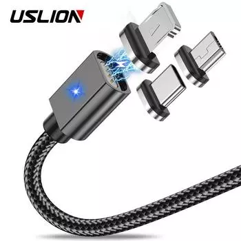 USLION светодиодный магнитный кабель, вращение на 360 градусов, USB для типа C, 3A, быстрая зарядка для iPhone 11 Pro XS Max, Samsung, Huawei 2M Type-C чёрный