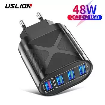 USLION USB-зарядное устройство с разъемом EU/US/UK 3A Quik Charge 3,0, зарядное устройство для мобильного телефона iPhone 12, Samsung Xiaomi, 4 порта, 48 Вт, быстрые настенные зарядные устройства EU белый