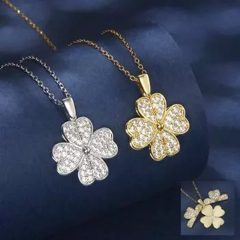Усовершенствованное открывающееся ожерелье из титановой стали с цирконием и клевером с простой и элегантной двухслойной цепочкой на ключице из счастливой травы.