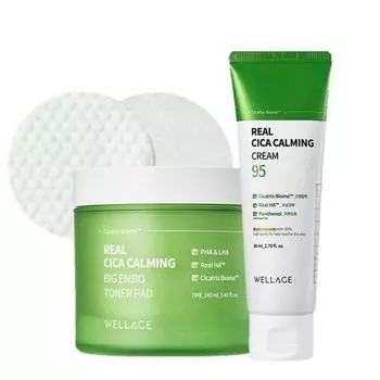 Успокаивающие большие прокладки Real Cica Calming Embo Pads 70 листов + крем Real Cica Calming 95 Cream 80 мл