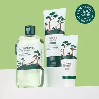 [Успокаивающий для чувствительной кожи] Круглый обертывание для мужчин с успокаивающим тоником/кремом Pine Tree, набор из 2 предметов (+ 40 мл очищающего средства в комплекте.)