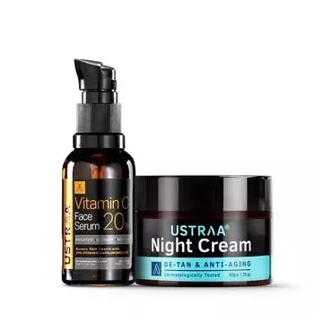 Ustraa Bright Skin Combo - 20% Vitamin C Face Serum with Hyaluronic acid 30ml & Night Cream with Niacinamide 50g