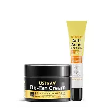 Ustraa Крем De-Tan для мужчин - 50 г | Эффективное удаление загара | Ровный тон кожи, предотвращает появление темных пятен и гель против прыщей - 15 мл